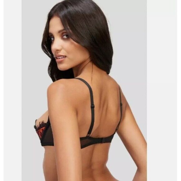 Fredericks of Hollywood Open Cup Bra SMALL 12 32C 34B Lux Satin Orange Lace Sexy - Picture 4 of 10